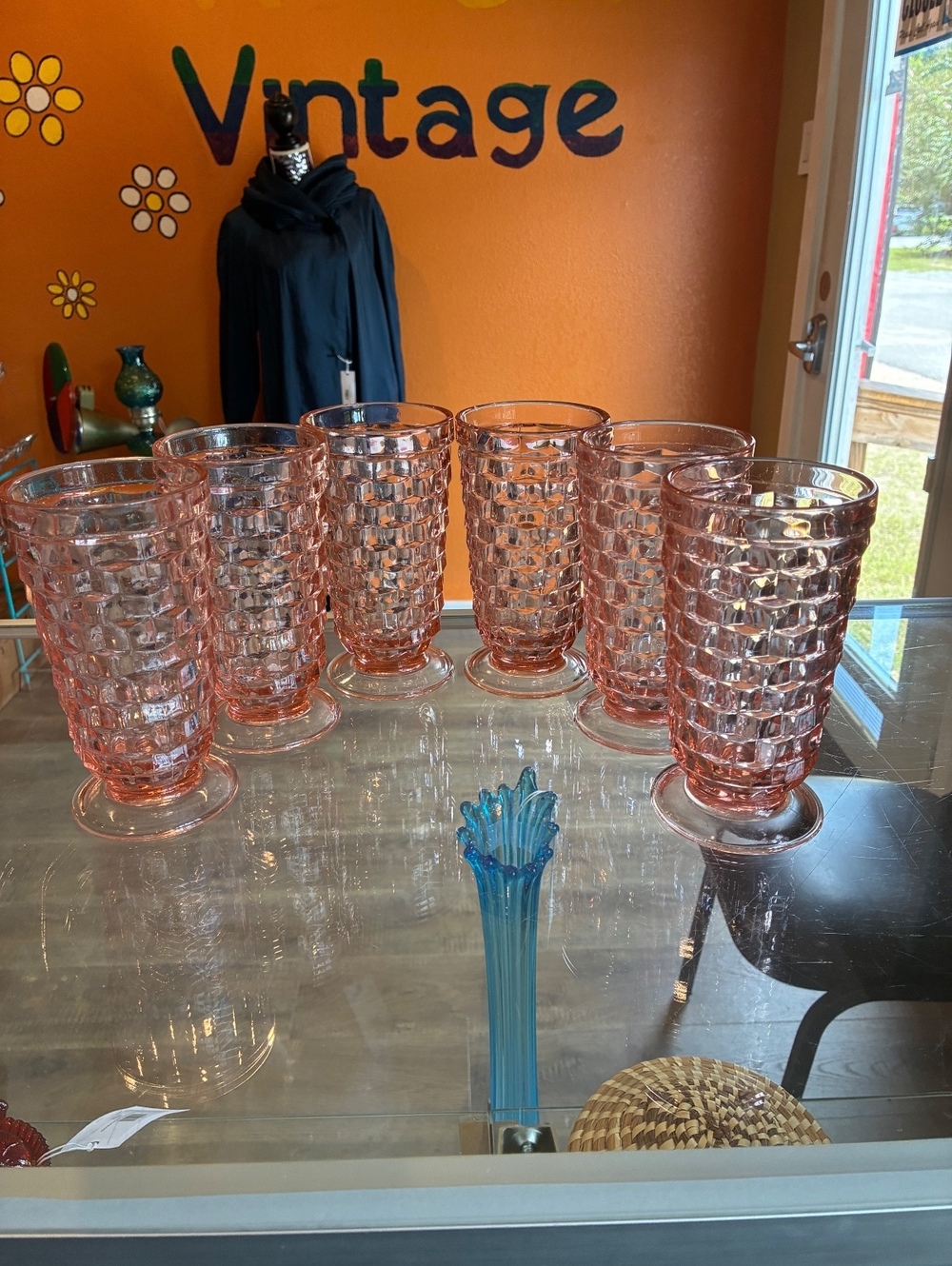 Indiana Glass Vintage Whitehall Pink Footed Glasses Set of 6 Cubist MCM